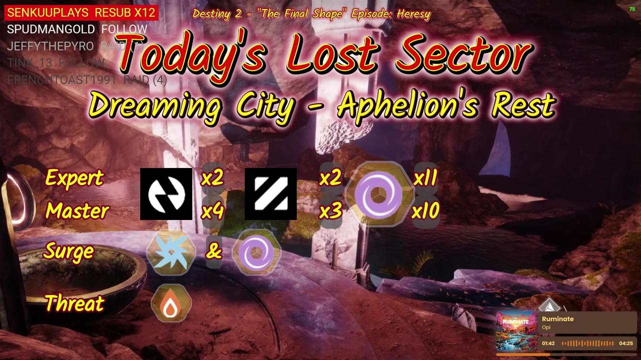 Destiny 2: 2-26-25 Aphelion's Rest is the Lost Sector. Arc/Void Surge.