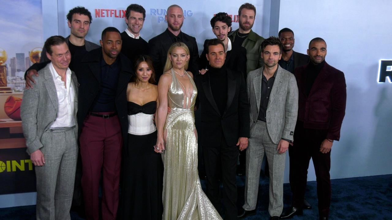 The cast of Netflix's 'Running Point' poses together at the premiere with Kate Hudson, Brenda Song, and more