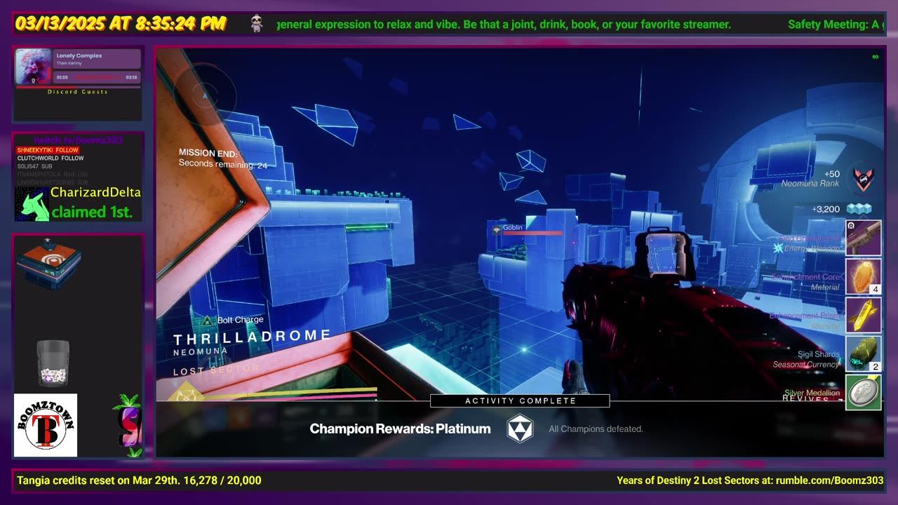 Destiny 2: 3-13-25 Thrilladrome is the Lost Sector. Void/Strand Surge.