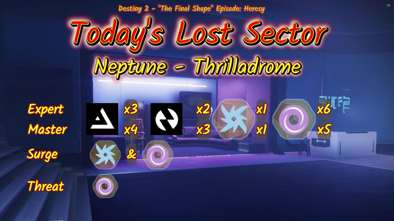 Destiny 2: 4-4-25 Thrilladrome is the Lost Sector. Arc/Void Surge.