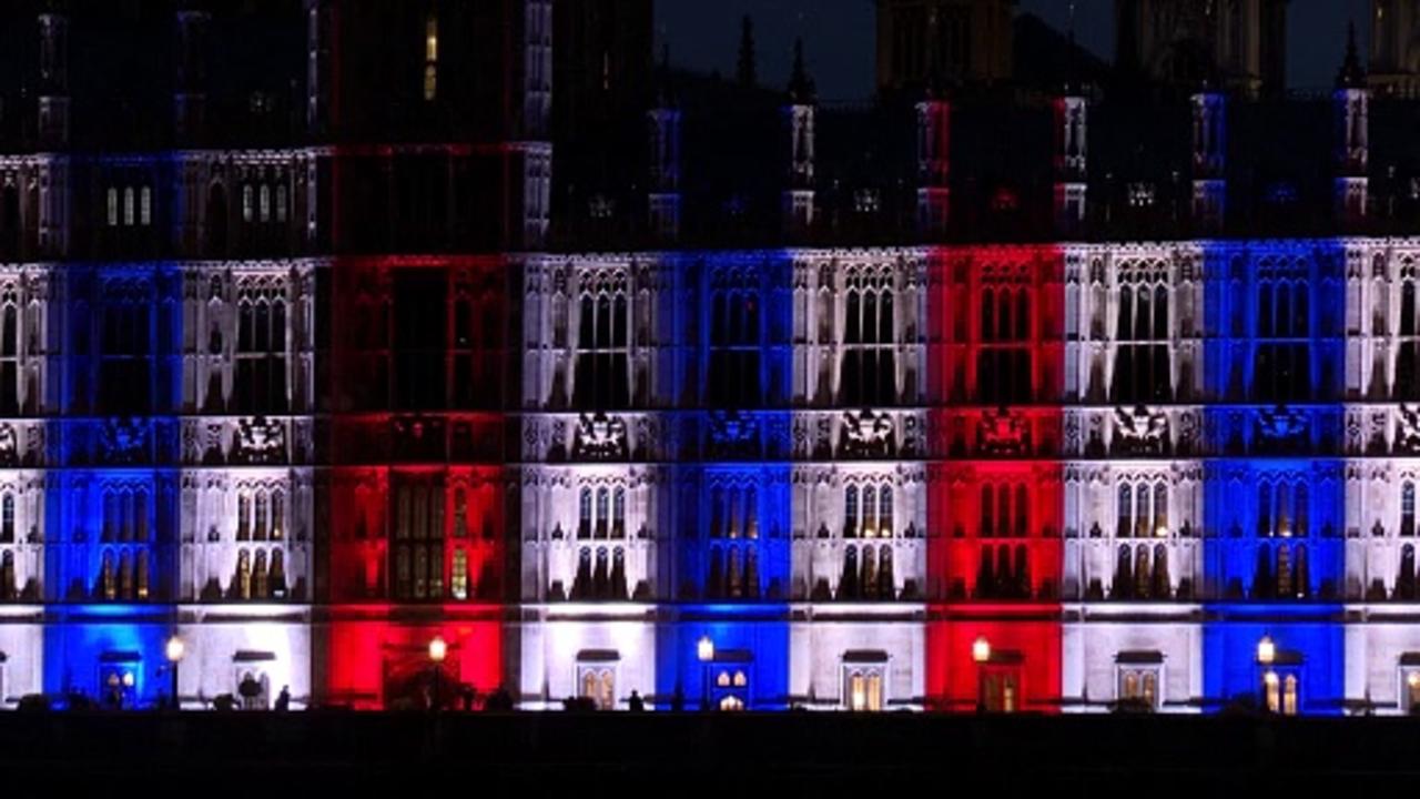 London's Westminster lights up to mark 80 years since end of WWII