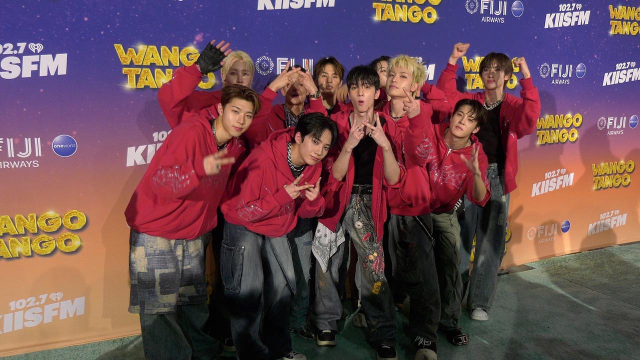 Boy band xikers attends Hearts2Hearts attends iHeartRadio's 102.7 KIIS FM Wango Tango 2025 green carpet