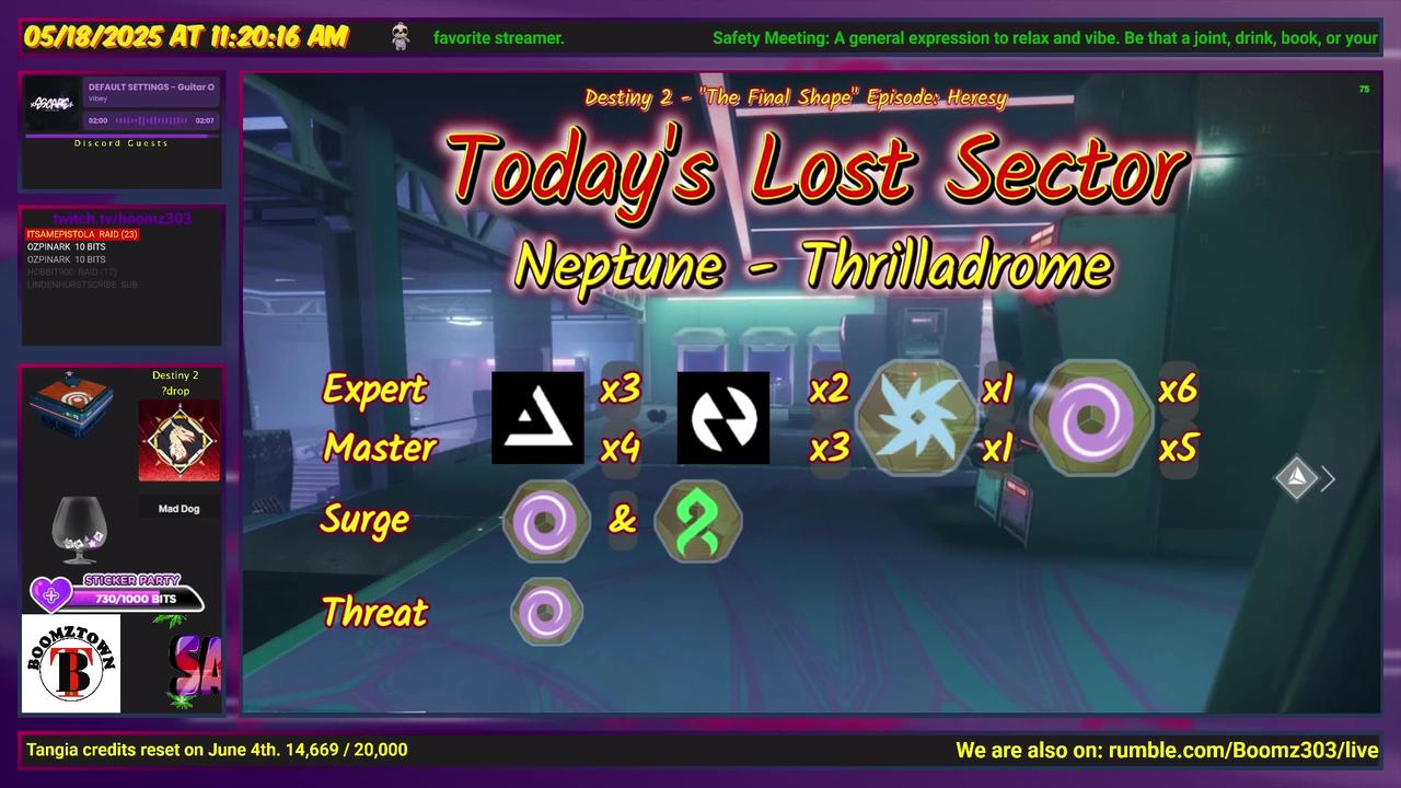 Destiny 2: 5-18-25 Thrilladrome is the Lost Sector. Void/Strand Surge.