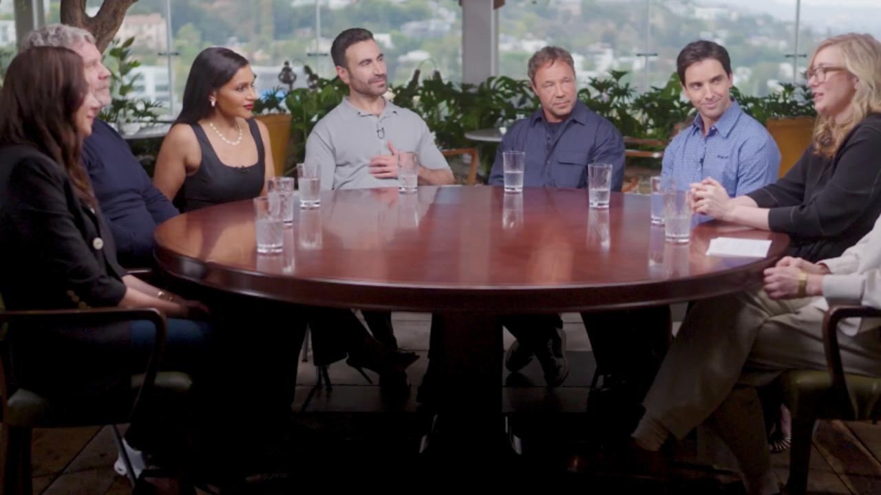 Brett Goldstein, John Wells, Liz Meriwether, Mindy Kaling, Paul W. Downs, Stephen Graham and Tracey Wigfield at the THR Producer