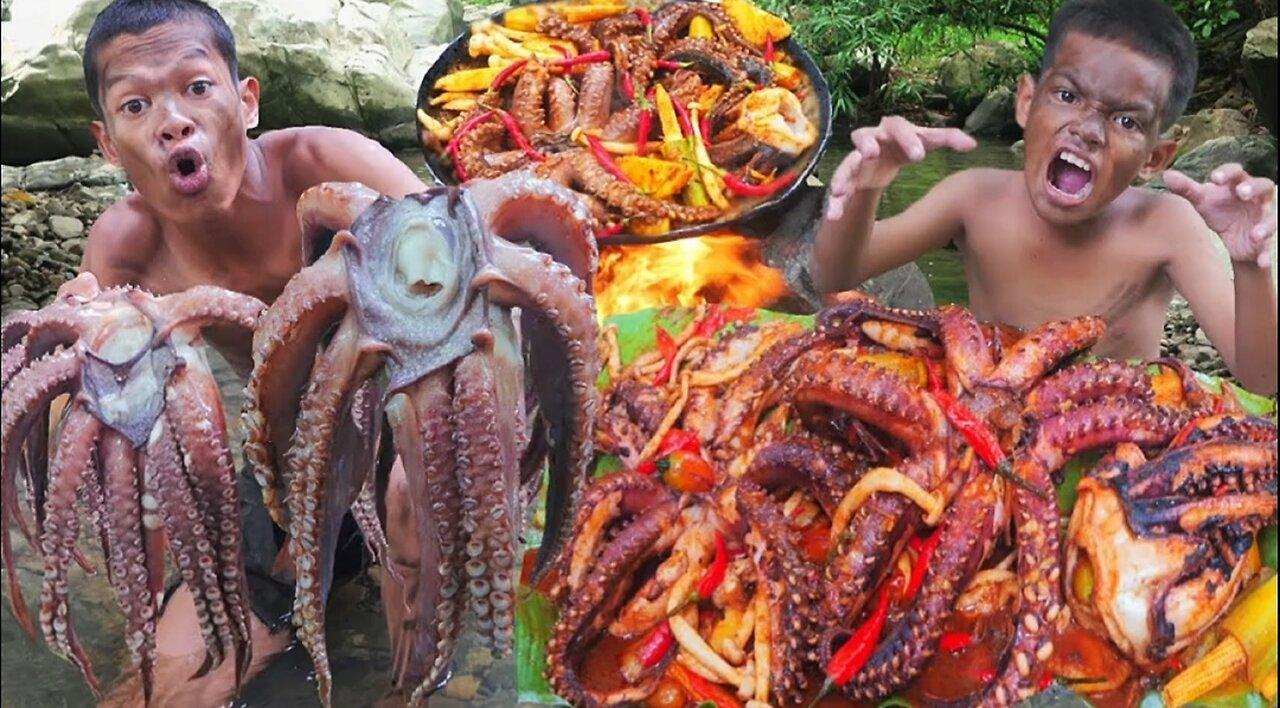 "They Ate a Giant Octopus in the Jungle! π±π₯ Extreme Cooking Challenge"