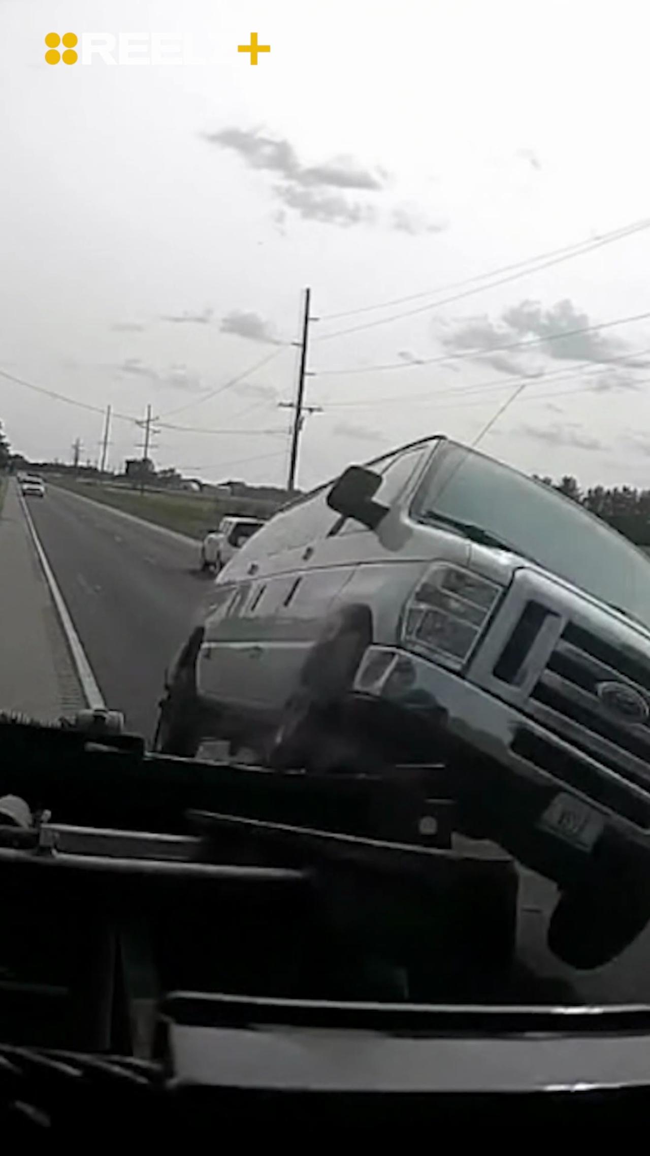 Van Hits Tow Truck—Launches Into the Air Like a Movie Stunt
